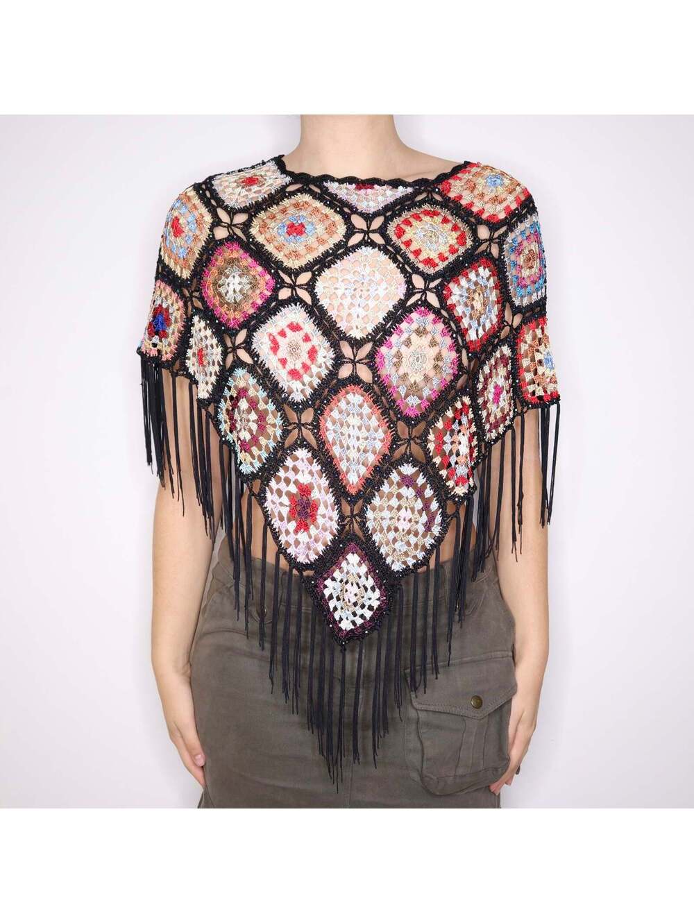 Y2K Rainbow Crochet Beaded Fringe Poncho (S/M/L)